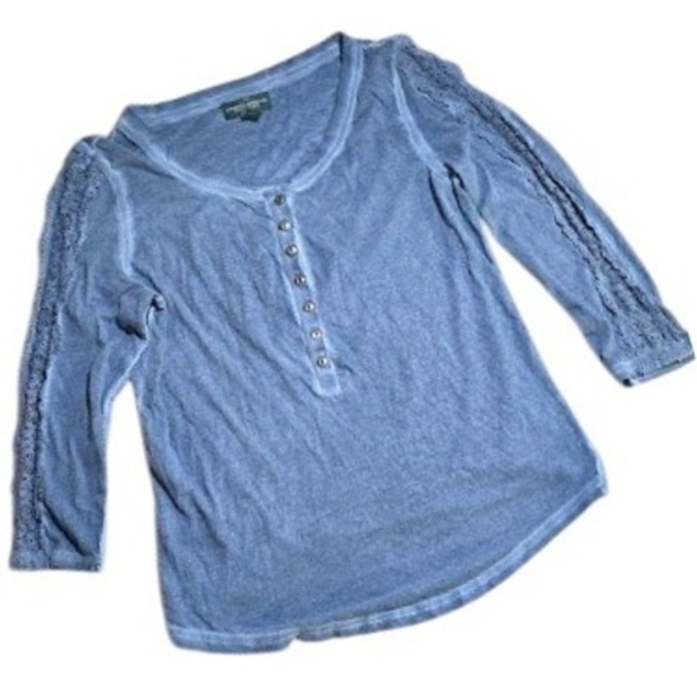 LRL Lauren Jeans Co Ralph Lauren Petite M space dye blue 3/4 sleeve henley lace